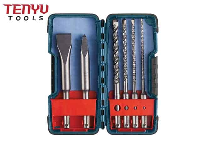 6pcs SDS Plus Hammer Drill Bit and Chisel Set in Plastic Box for Masonry and Concrete Drilling