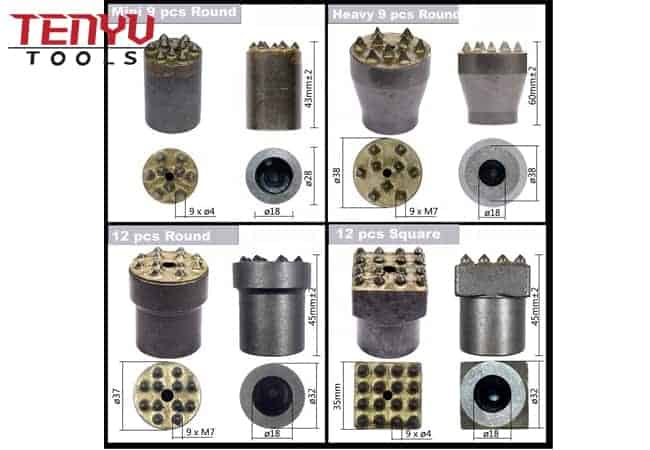 Herramienta de martillo con buje de cabeza redonda con punta de carburo con vástago hexagonal 17 A/F 10 dientes diseñada para moler piedra de hormigón