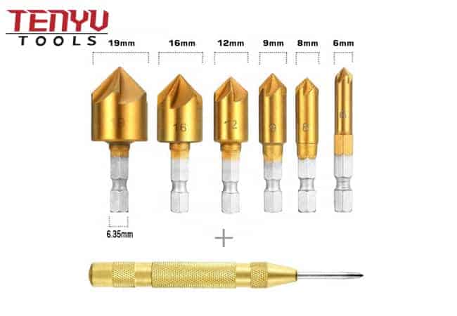 Hex Shank 5 Flute Deburring Tool Woodworking Automatic Center Punch Countersink Drill Bit Set