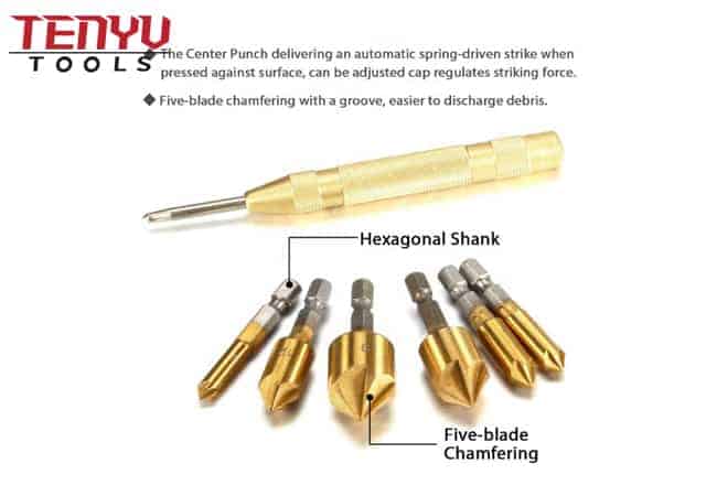 Hex Shank 5 Flute Deburring Tool Woodworking Automatic Center Punch Countersink Drill Bit Set