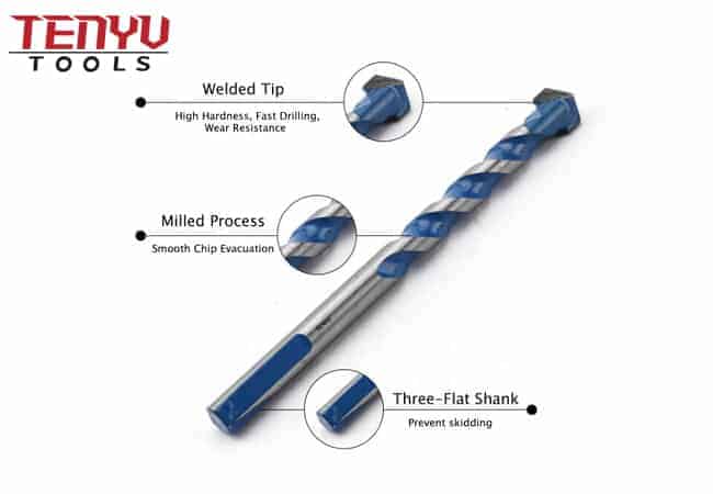 Multi Purpose Blue Painted Three-Flat Shank Spiral Flute Single Carbide Tip Masonry Drill Bits for Glass Tile Concrete