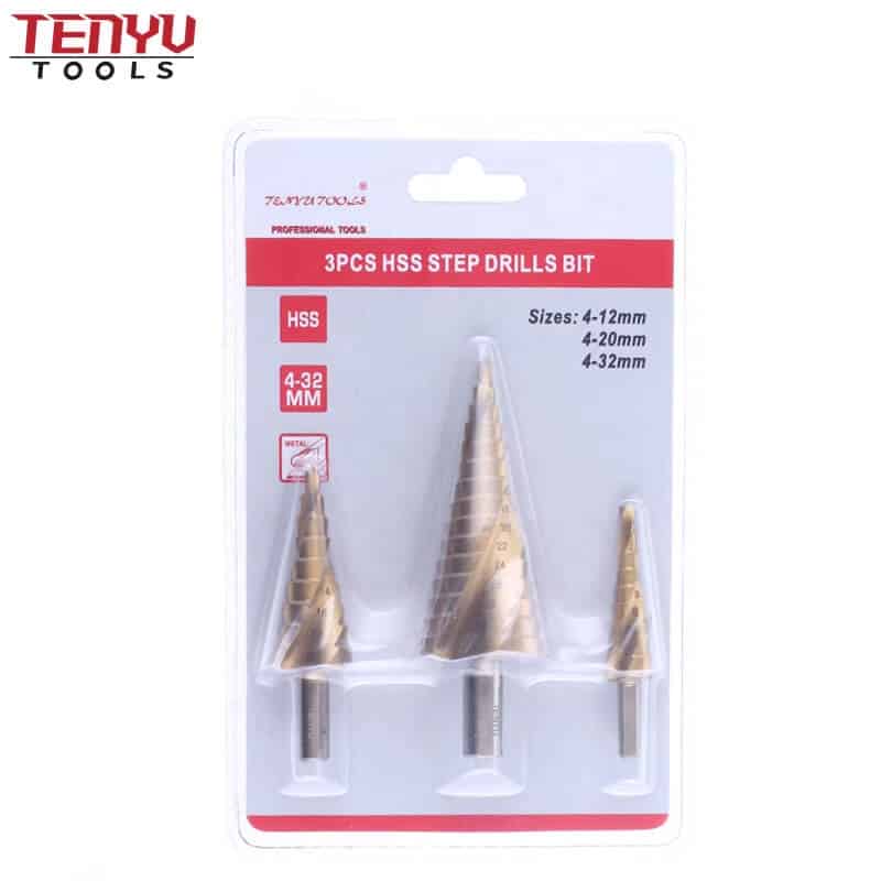 3pcs hss titanium coated step drill bit triangle shank step drill blister card