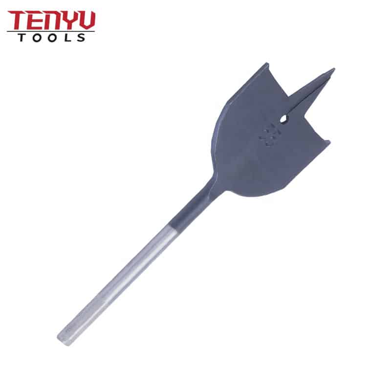 black oxided tri point flat wood spade drill bit with contoured spurs for wood drilling