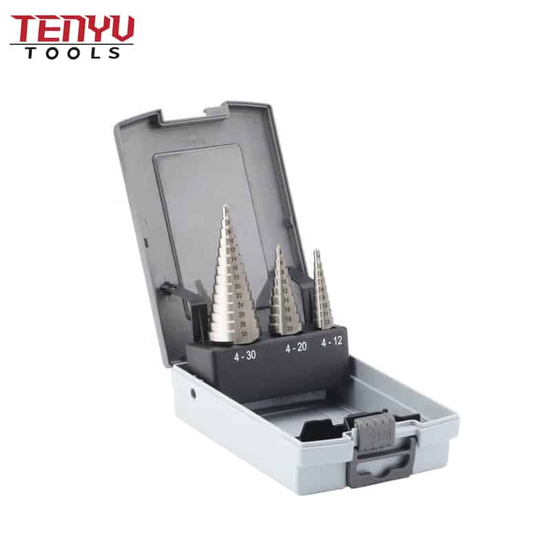 metric size round shank step drill bit set with silver surface in plastic box for metal cutting