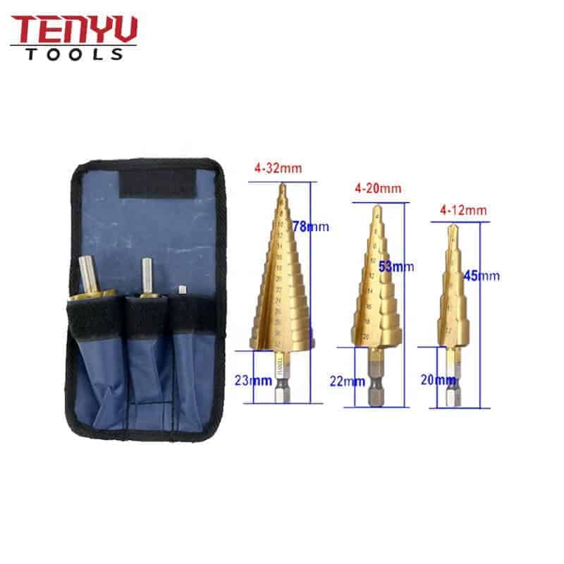 3pcs metal cloth bag tungsten carbide titanium conical step drill bit set