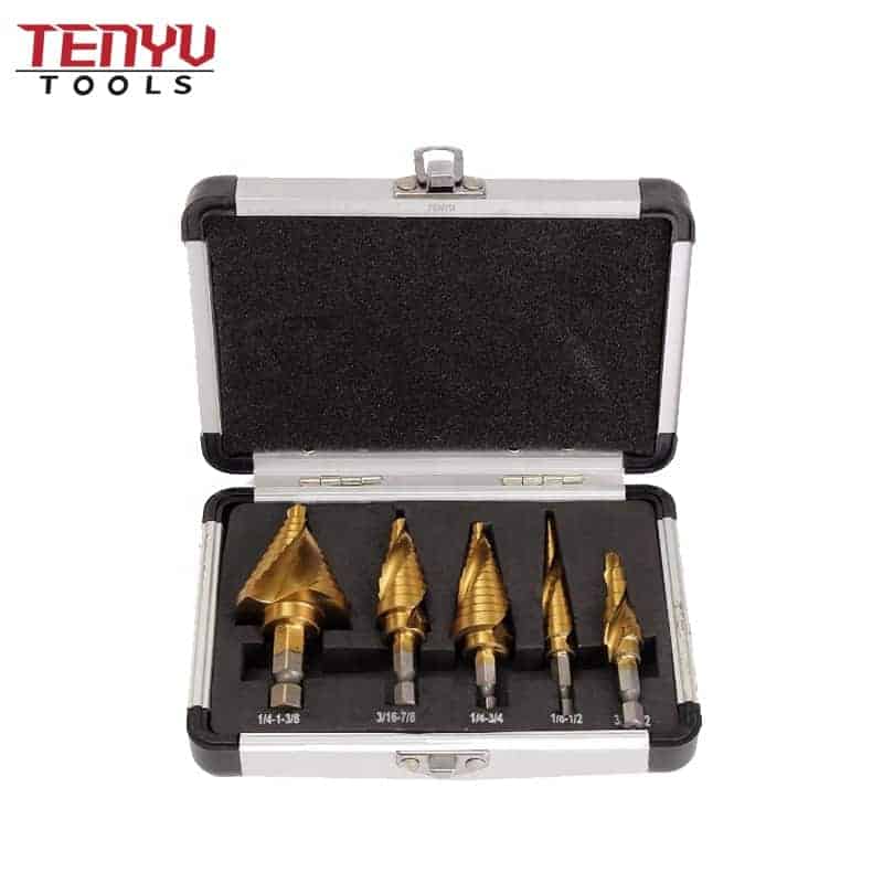 5pcs spiral flute tungsten carbide titanium coated hss conical step cone drill bits set