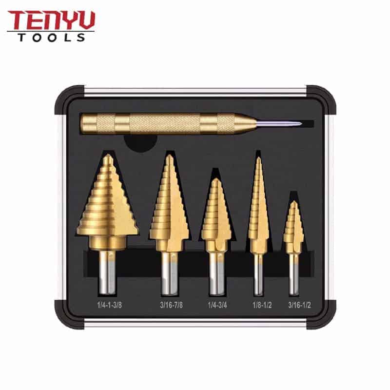 6pcs hss spiral titanium metal conical step drill bits hex shank with punch tool set