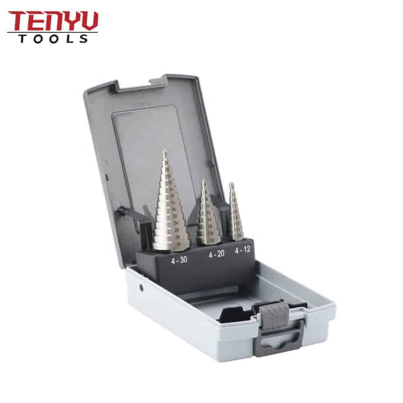 metal silver surface metric size round shank step drill bit set with plastic box