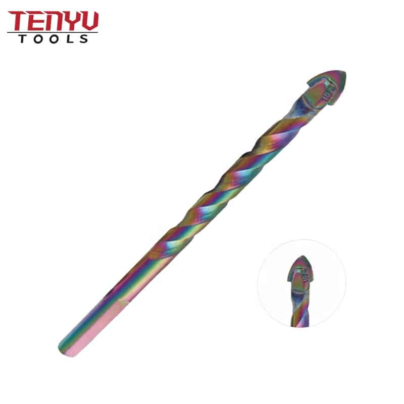 rainbow color three flat shank spiral flute single carbide tip glass drill bit for glass ceramic porcelain tile drilling